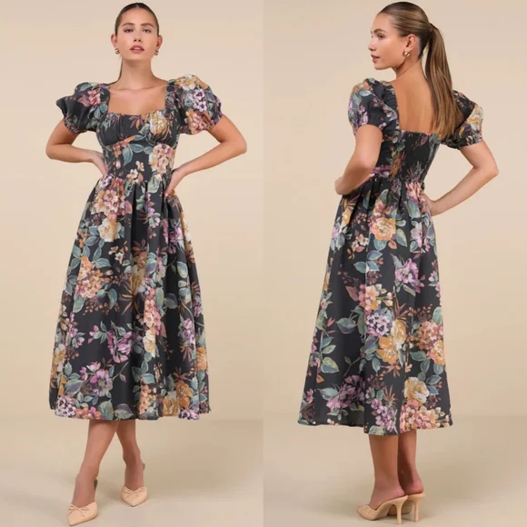 Lulus Adorable Tendencies Dark Grey Floral Puff Sleeve Midi Dress XXL Wedding - Picture 1 of 10